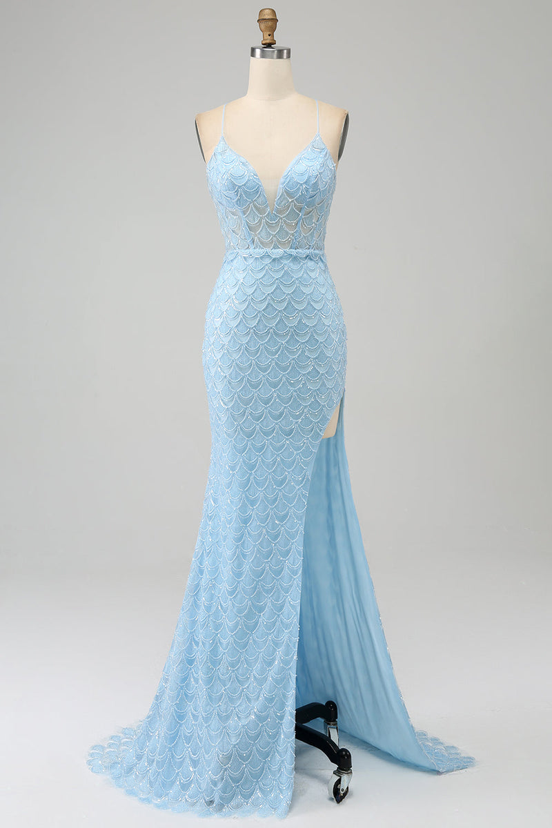 Załaduj obraz do przeglądarki galerii, Brokat Sky Blue Spaghetti Ramiączka Syrena Sukienka na studniówkę z rozcięciem