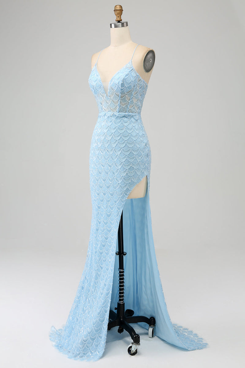 Załaduj obraz do przeglądarki galerii, Brokat Sky Blue Spaghetti Ramiączka Syrena Sukienka na studniówkę z rozcięciem