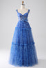 Załaduj obraz do przeglądarki galerii, Niebieska Tiulowa Długa Sukienka Na Studniówkę Z Gorsetem Z Falbanami