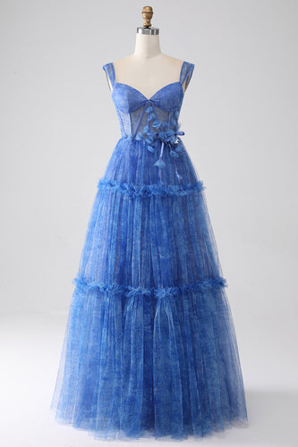 Niebieska tiulowa sukienka z gorsetem z nadrukiem A Line