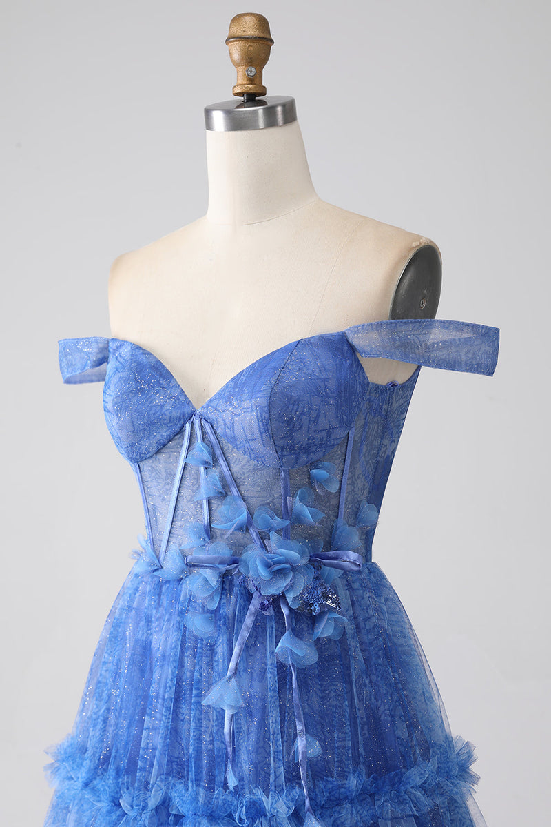 Załaduj obraz do przeglądarki galerii, Niebieska Tiulowa Długa Sukienka Na Studniówkę Z Gorsetem Z Falbanami
