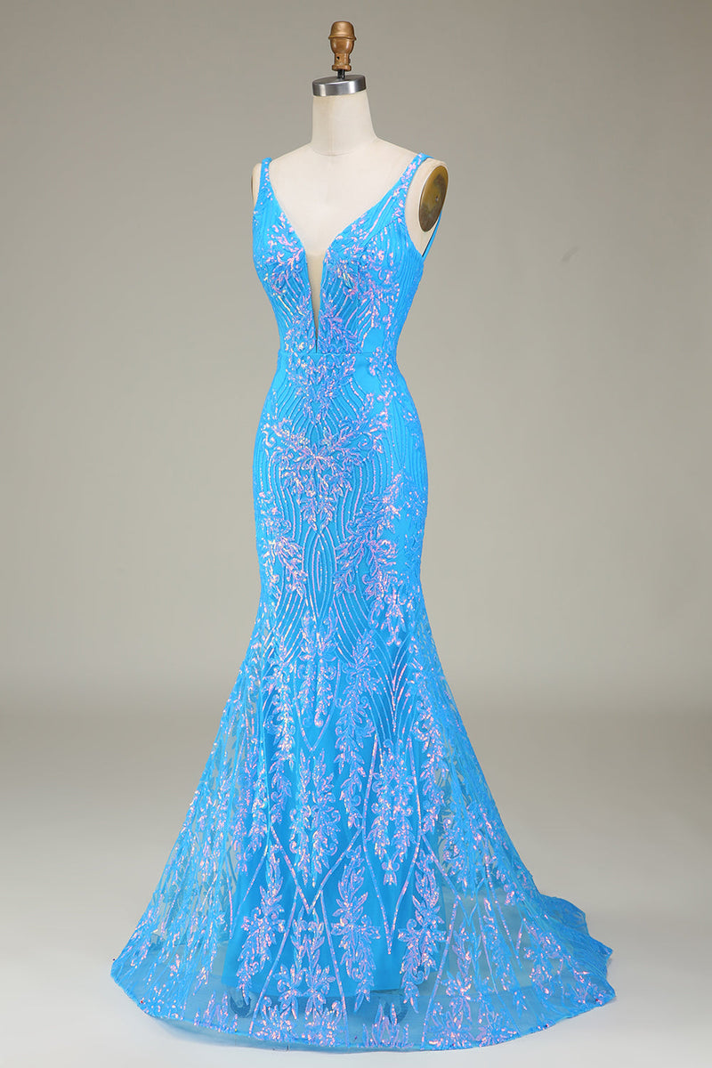 Załaduj obraz do przeglądarki galerii, Błyszcząca Syrenka Niebieska Sukienki Na Studniówke Z Głębokim Dekoltem W Serek