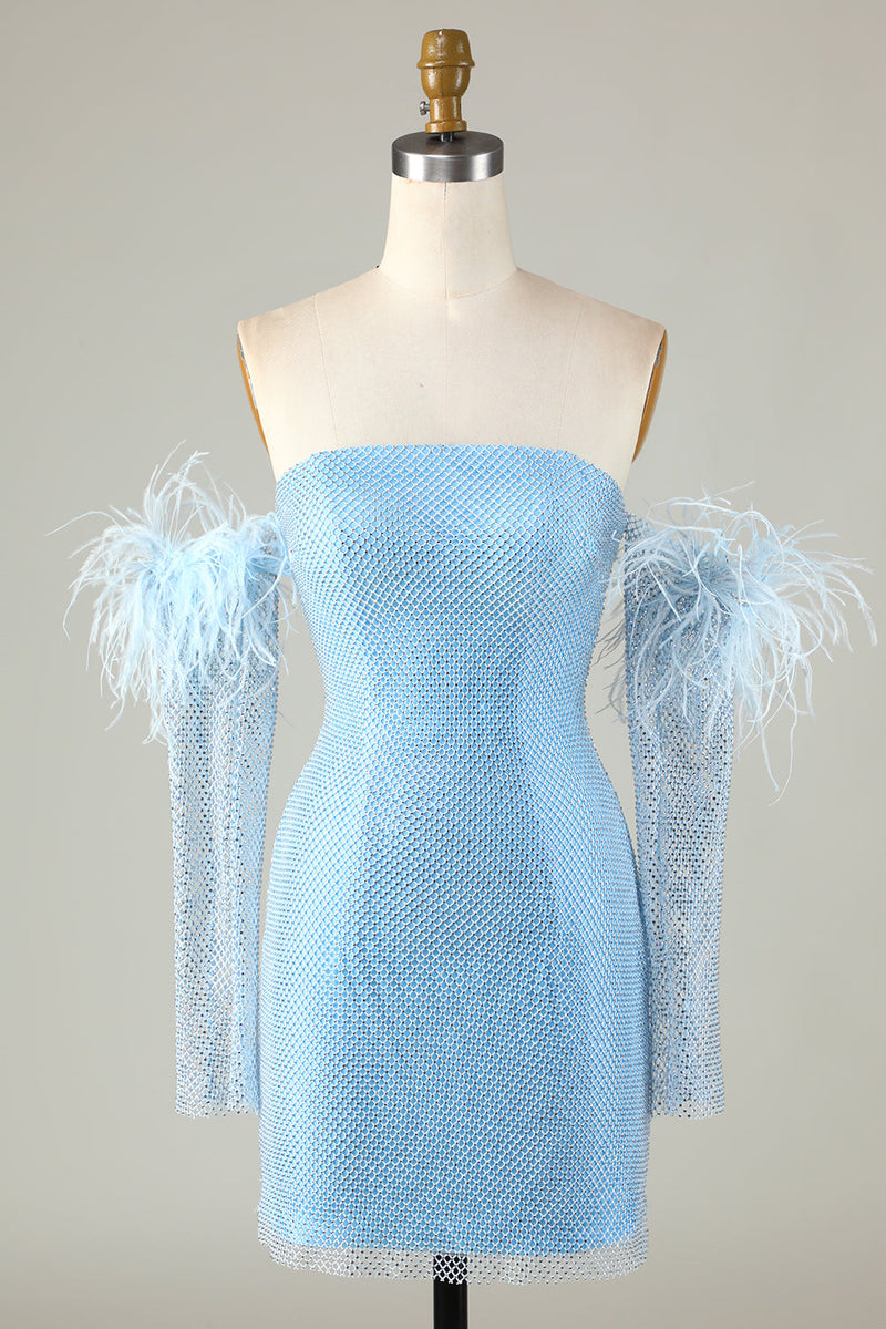 Załaduj obraz do przeglądarki galerii, Odpinane rękawy Blue Tight Homecoming Dress z piórami