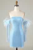 Odpinane rękawy Blue Tight Homecoming Dress z piórami