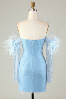 Odpinane rękawy Blue Tight Homecoming Dress z piórami