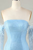 Załaduj obraz do przeglądarki galerii, Odpinane rękawy Blue Tight Homecoming Dress z piórami