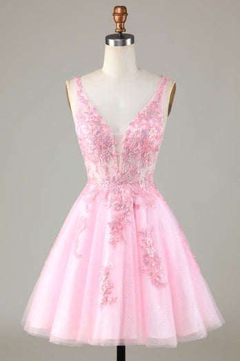 Różowa brokatowa urocza sukienka Homecoming z aplikacjami