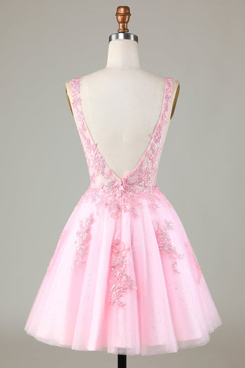 Różowa brokatowa urocza sukienka Homecoming z aplikacjami