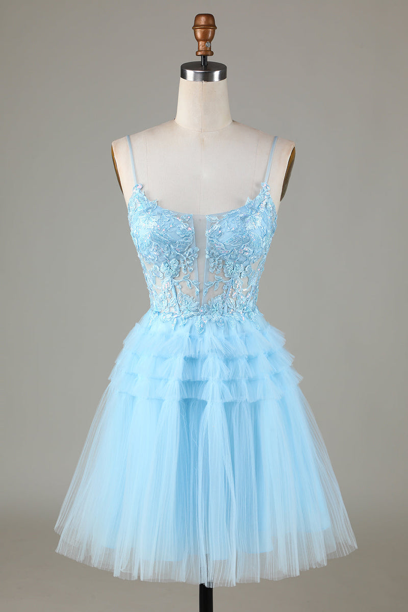 Załaduj obraz do przeglądarki galerii, Niebieska brokatowa urocza sukienka Homecoming z aplikacjami