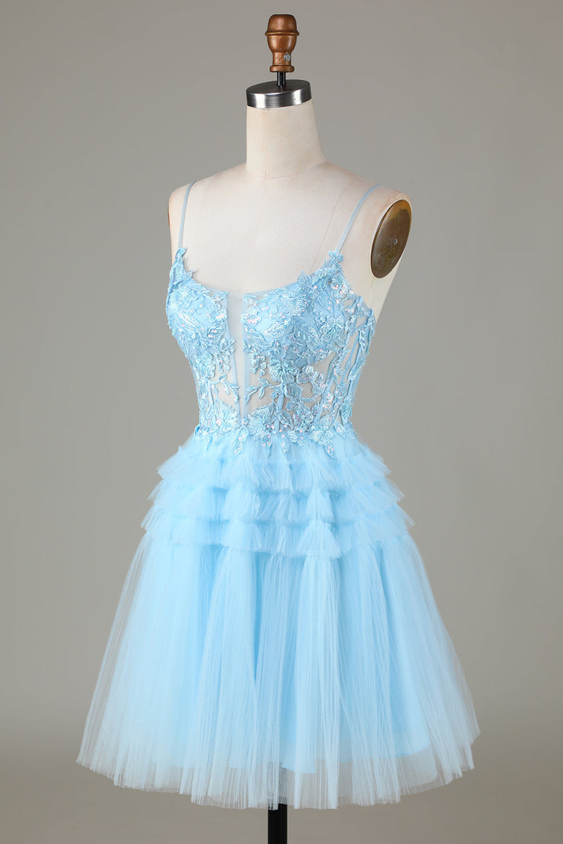 Załaduj obraz do przeglądarki galerii, Niebieska brokatowa urocza sukienka Homecoming z aplikacjami