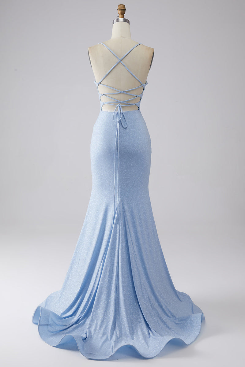 Załaduj obraz do przeglądarki galerii, Jasnoniebieska Błyszcząca Sukienka Syrenka Na Studniówkę Z Rozcięciem