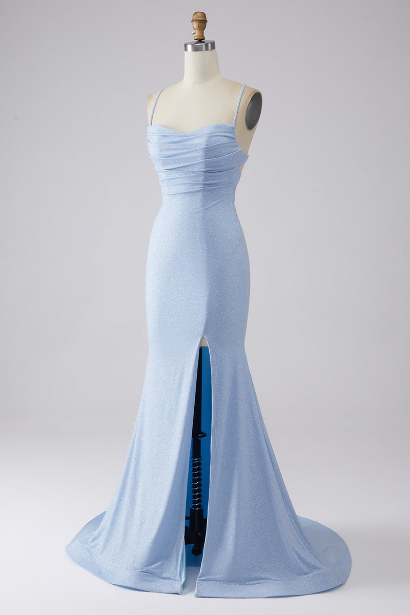 Załaduj obraz do przeglądarki galerii, Jasnoniebieska Błyszcząca Sukienka Syrenka Na Studniówkę Z Rozcięciem