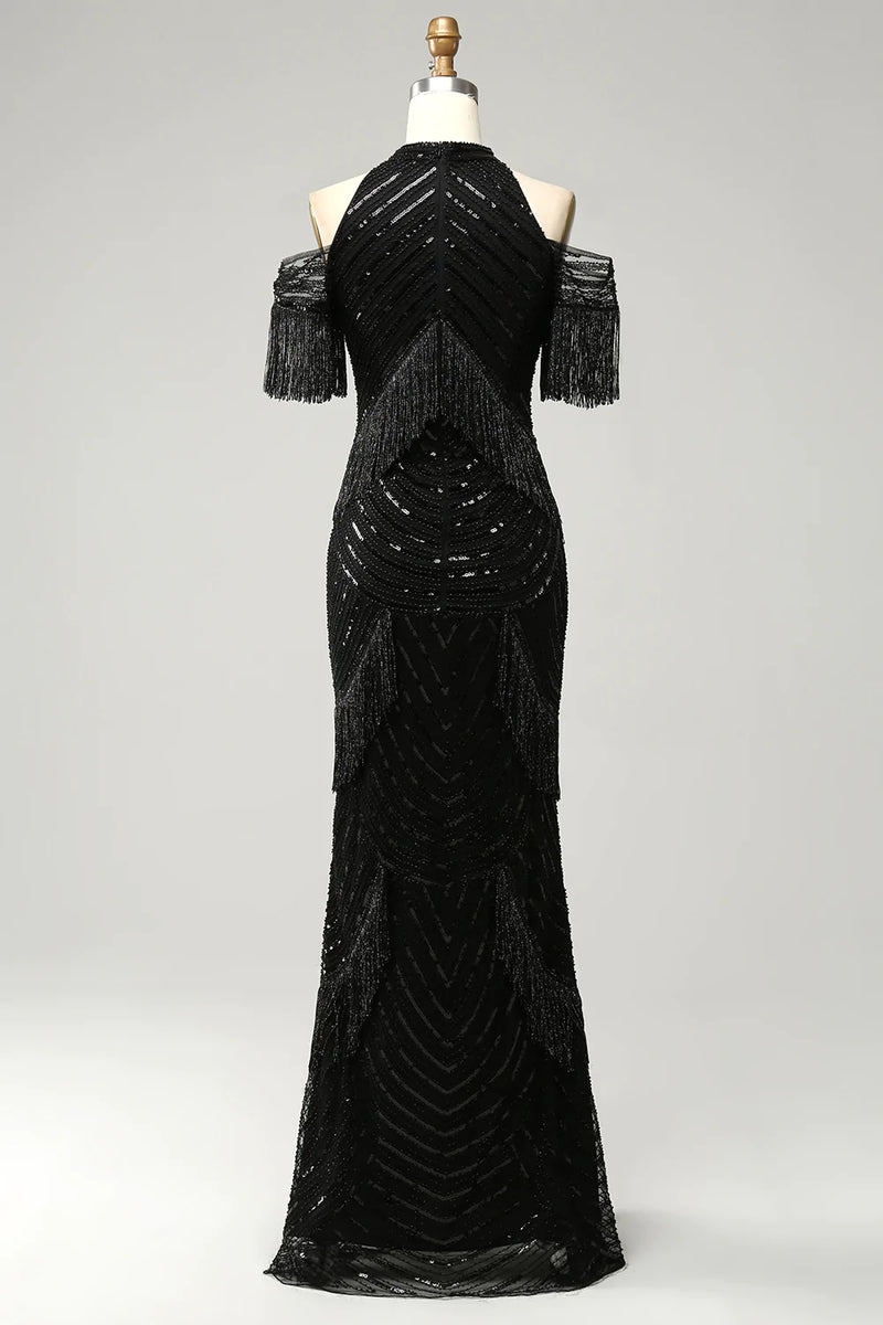 Załaduj obraz do przeglądarki galerii, Czarna Cekinowa Sukienka Z Frędzlami Na Studniówkę
