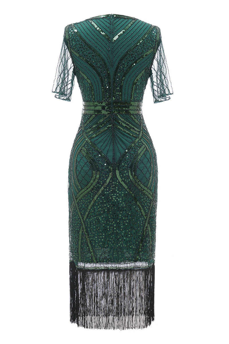 Załaduj obraz do przeglądarki galerii, Ciemnozielone Rótkie Rękawy 1920s Sukienka z Frędzlami