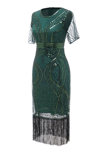 Ciemnozielone Rótkie Rękawy 1920s Sukienka z Frędzlami