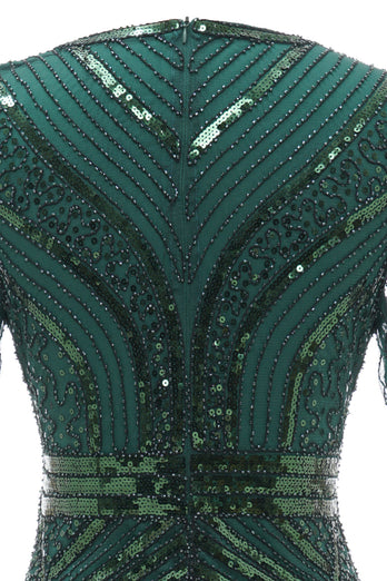 Ciemnozielone Rótkie Rękawy 1920s Sukienka z Frędzlami