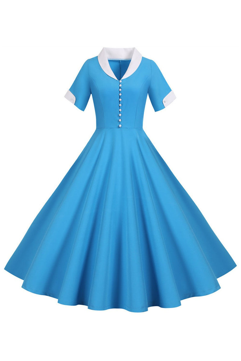 Załaduj obraz do przeglądarki galerii, Niebieska Przycisk Sukienki Lata 50