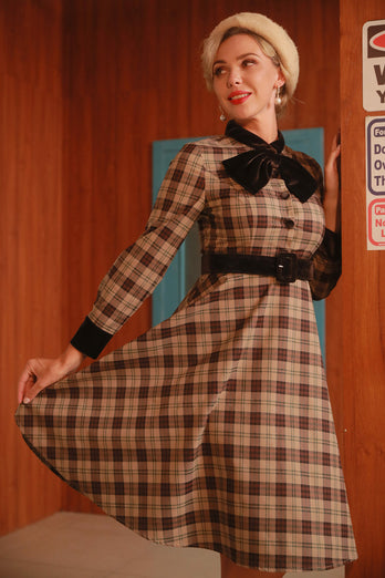 Kawa Gingham Vintage 1950s Sukienka z rękawami