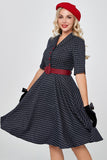 Granatowa sukienka Gingham Vintage 1950s z rękawami