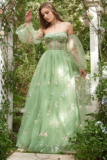 Zielona Tiulowa Sukienki Na Studniówke Z Odkrytymi Ramionami