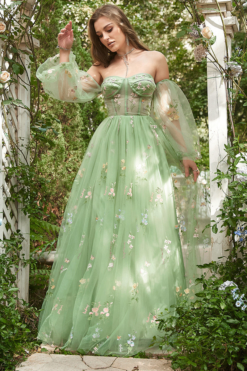 Załaduj obraz do przeglądarki galerii, Zielona Tiulowa Sukienki Na Studniówke Z Odkrytymi Ramionami