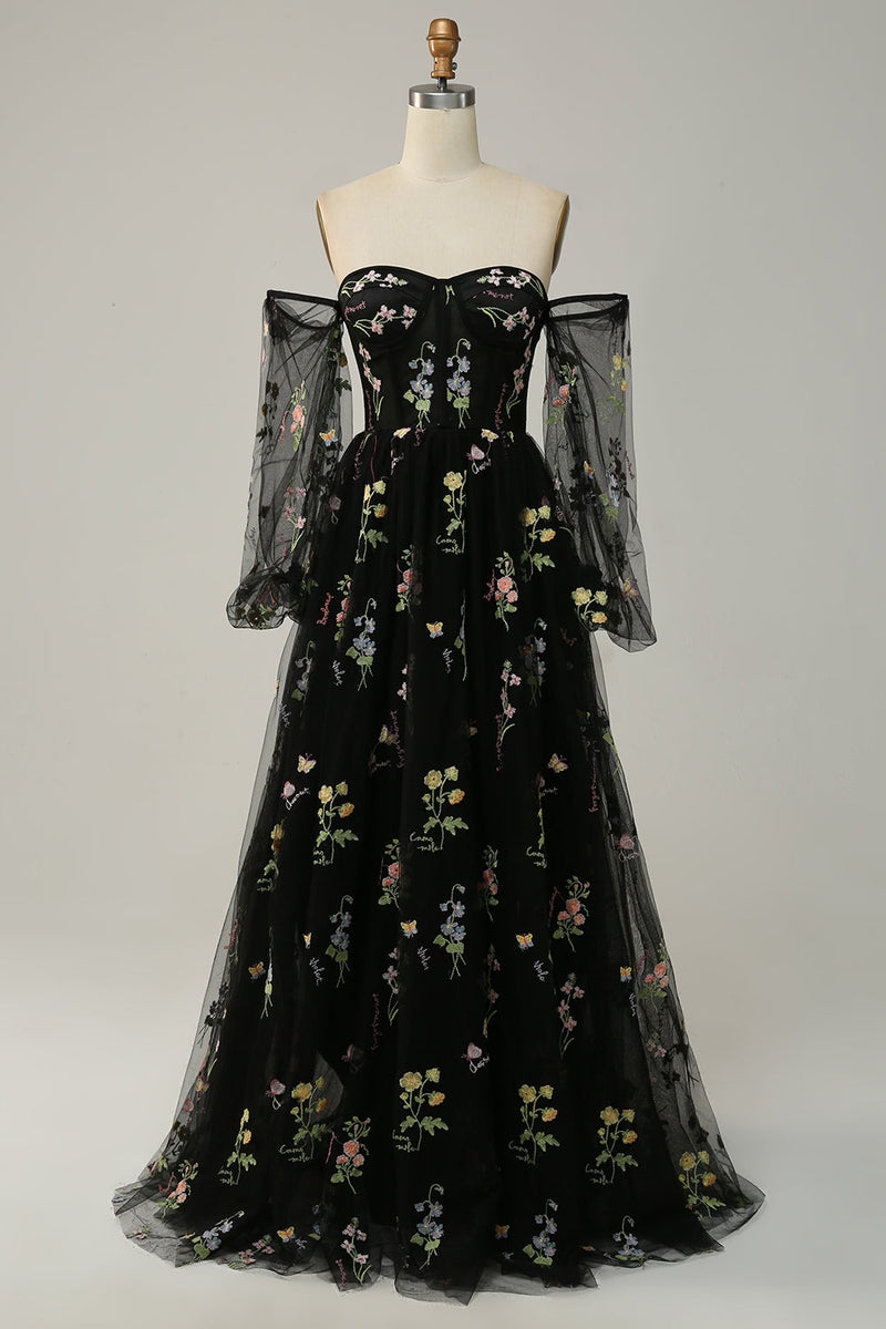 Załaduj obraz do przeglądarki galerii, Czarna Długie Tiulowe Sukienka Na Studniówkę Z Odkrytymi Ramionami