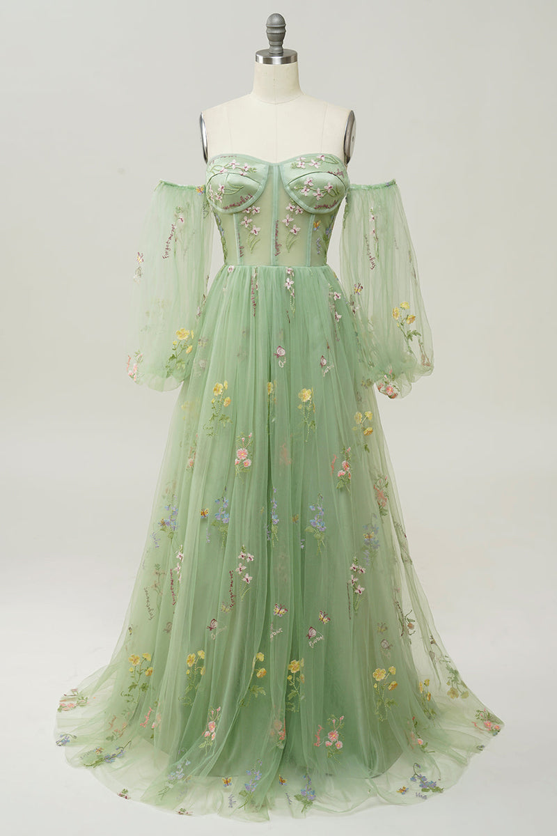 Załaduj obraz do przeglądarki galerii, Zielony Długie Tiulowe Sukienka Na Studniówkę Z Odkrytymi Ramionami
