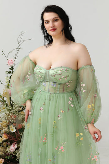 Linia Z Ramienia Zielona Sukienka Na Studniówkę Plus Size Z Haftem