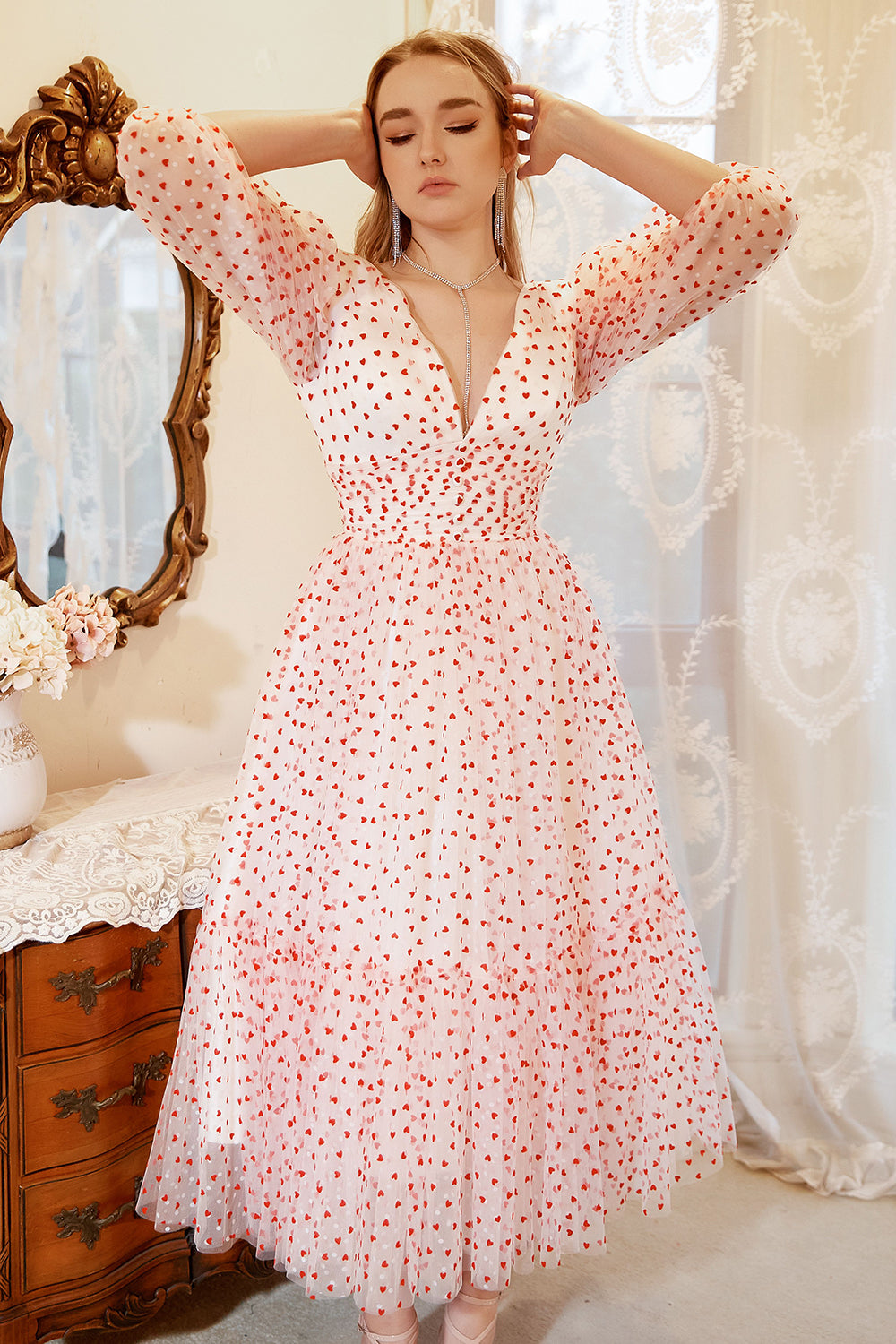 Plus Size Czerwona Dekolt V Sukienki Na Studniówke w Groszki