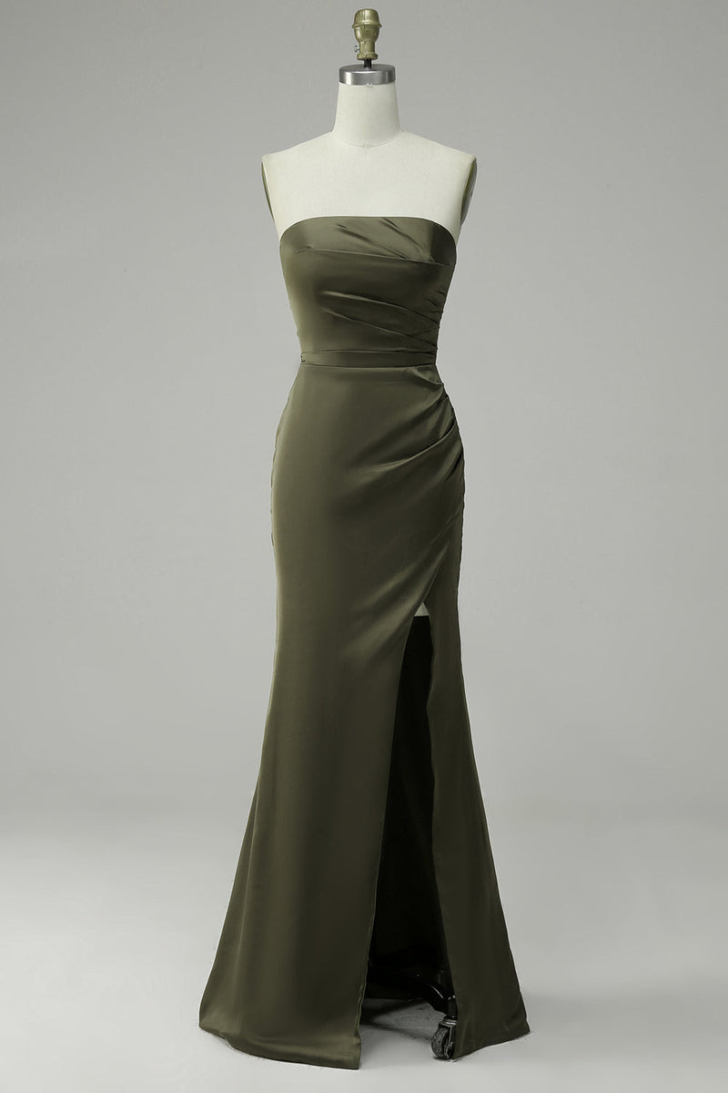 Załaduj obraz do przeglądarki galerii, Zielona Satynowa Sukienka Na Studniówkę Bez Ramiączek Z Rozcięciem