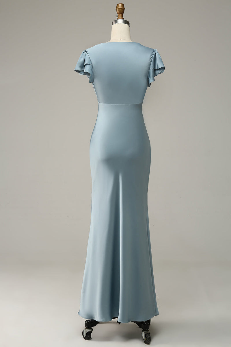 Załaduj obraz do przeglądarki galerii, Szaroniebieska Satynowa Prosta Sukienka Na Studniówkę Z Marszczeniami