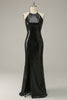 Załaduj obraz do przeglądarki galerii, Plus Size Dekolt Halter Czarna Błyszcząca Sukienki Wieczorowe z Rozcięciem