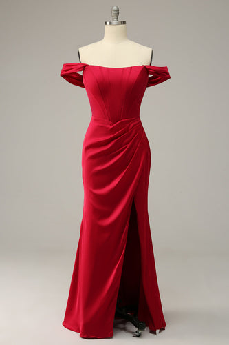 Plus Size Syrenka Burgundia Sukienki Wieczorowe z Odkrytymi Ramionami z Rozcięciem