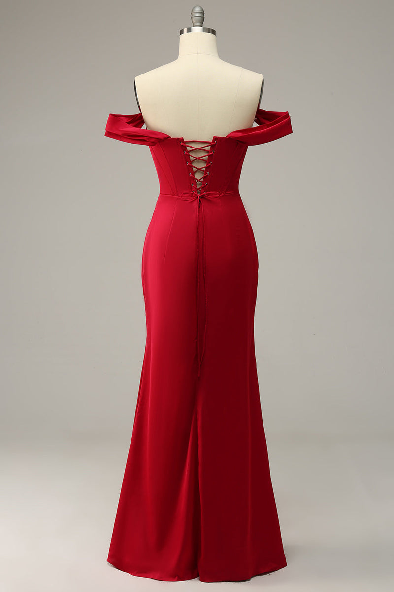 Załaduj obraz do przeglądarki galerii, Plus Size Syrenka Burgundia Sukienki Wieczorowe z Odkrytymi Ramionami z Rozcięciem