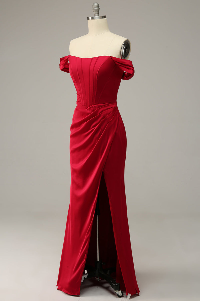 Załaduj obraz do przeglądarki galerii, Plus Size Syrenka Burgundia Sukienki Wieczorowe z Odkrytymi Ramionami z Rozcięciem