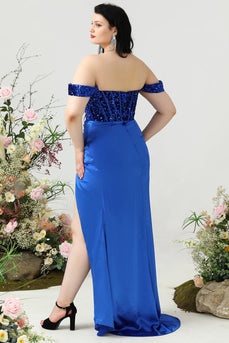 Plus Size Pochwa Z Ramienia Królewska Niebieska Sukienka Na Studniówkę Z Podzielonym Przodem