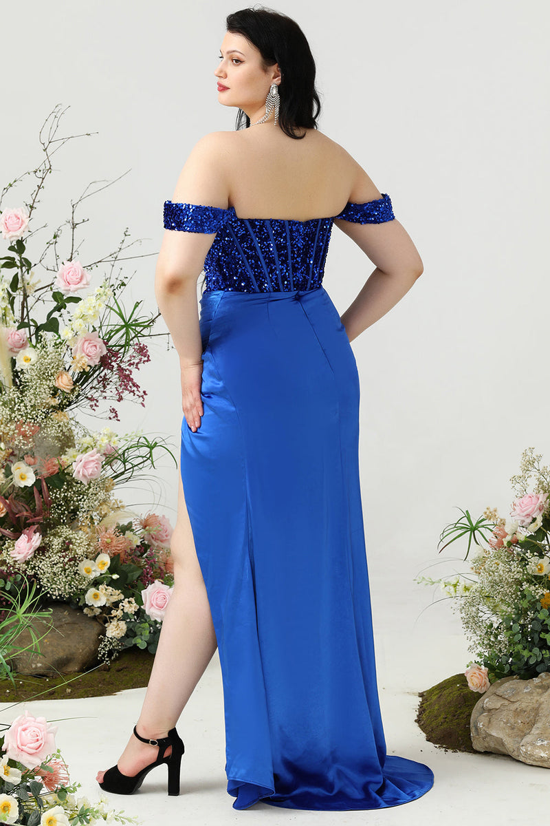 Załaduj obraz do przeglądarki galerii, Plus Size Pochwa Z Ramienia Królewska Niebieska Sukienka Na Studniówkę Z Podzielonym Przodem