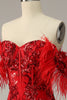 Załaduj obraz do przeglądarki galerii, Plus Size Burgundia Sukienki Na Studniówke z Rozcięciem z Piórkiem