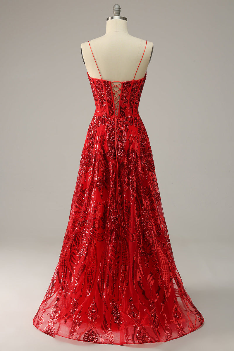 Załaduj obraz do przeglądarki galerii, Plus Size Cienkich Ramiączkach Burgundia Sukienki Wieczorowe z Cekinami