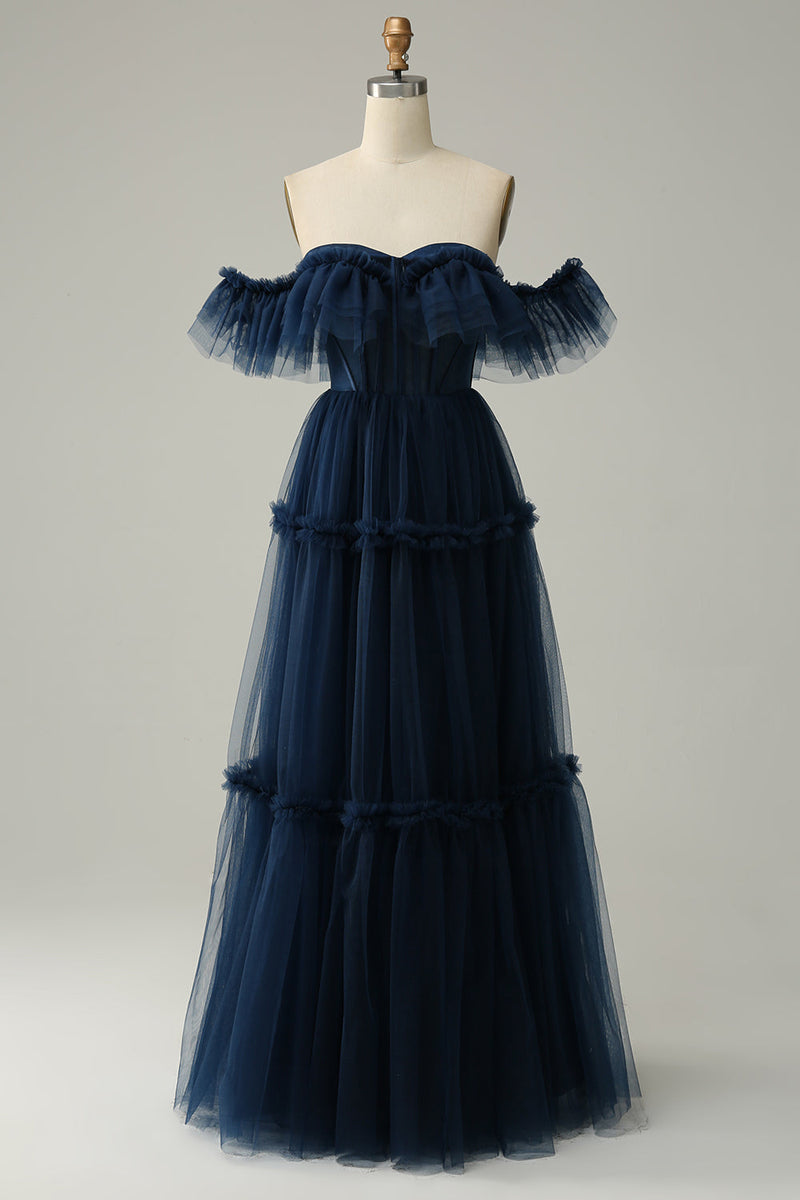Załaduj obraz do przeglądarki galerii, Tiulowa Granatowa Sukienki Na Studniówke z Odkrytymi Ramionami