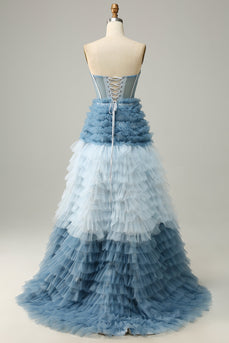 Długa Niebieska Sukienka Na Studniówkę Z Marszczeniami