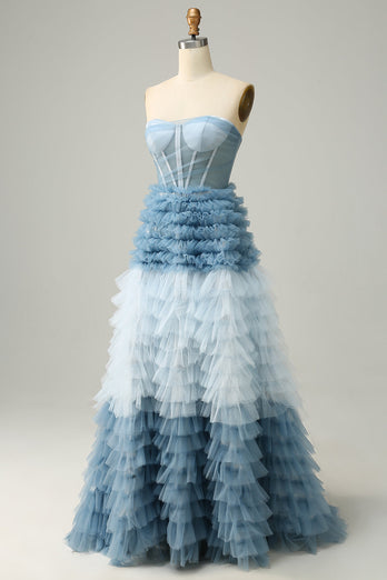 Długa Niebieska Sukienka Na Studniówkę Z Marszczeniami