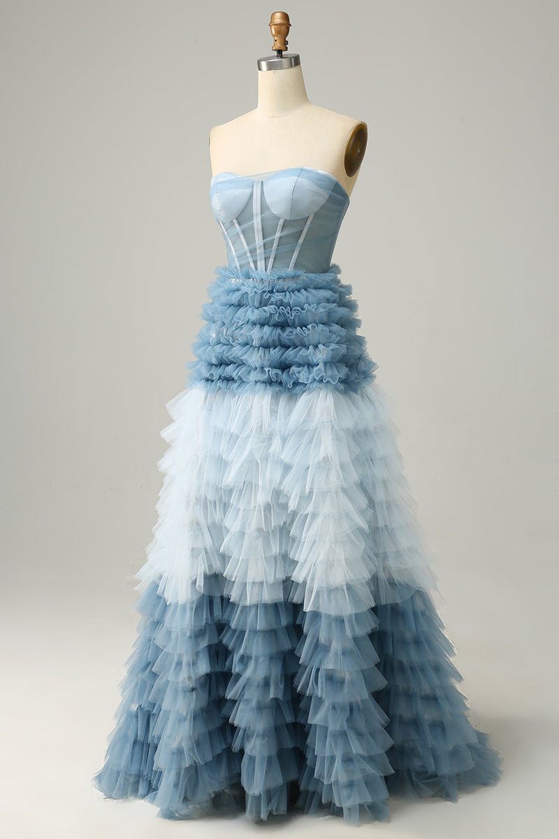 Załaduj obraz do przeglądarki galerii, Długa Niebieska Sukienka Na Studniówkę Z Marszczeniami