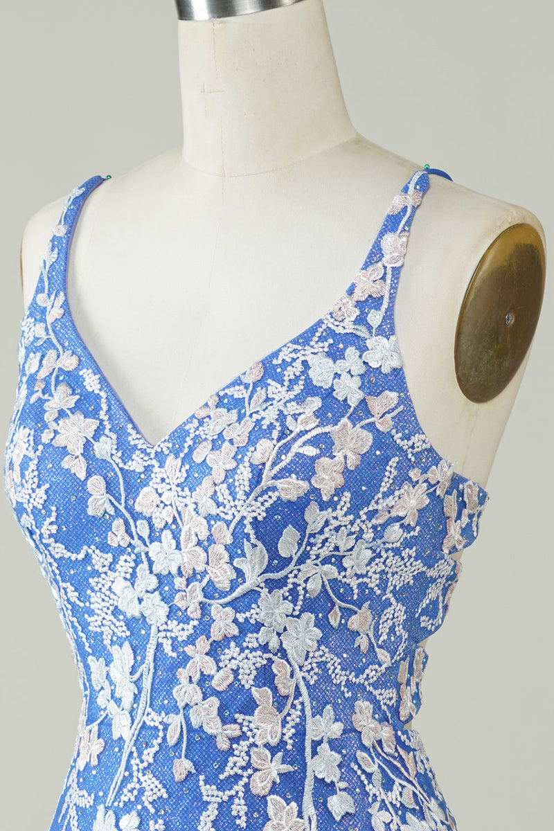 Załaduj obraz do przeglądarki galerii, Pochwa V Neck Niebieska krótka sukienka Homecoming z aplikacjami Criss Cross Back
