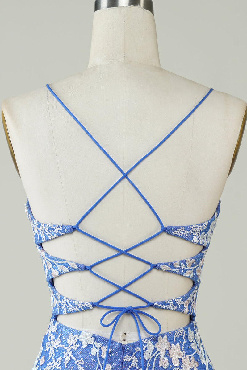 Załaduj obraz do przeglądarki galerii, Pochwa V Neck Niebieska krótka sukienka Homecoming z aplikacjami Criss Cross Back