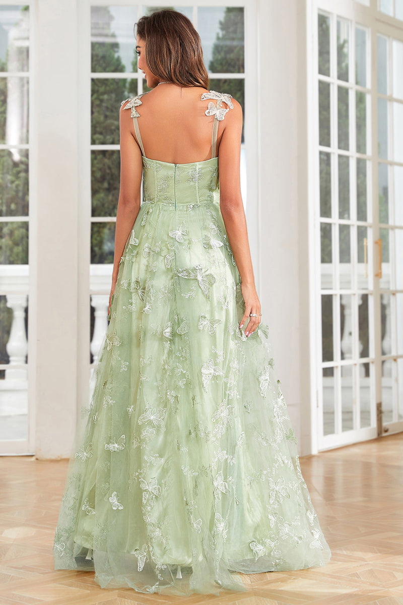 Załaduj obraz do przeglądarki galerii, Linia Zielony gorset Długa tiulowa sukienka na studniówkę z motylami 3D Split z przodu
