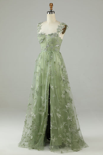 Zielony Długa Tiulowa Sukienka Na Studniówkę Z Motylami 3D