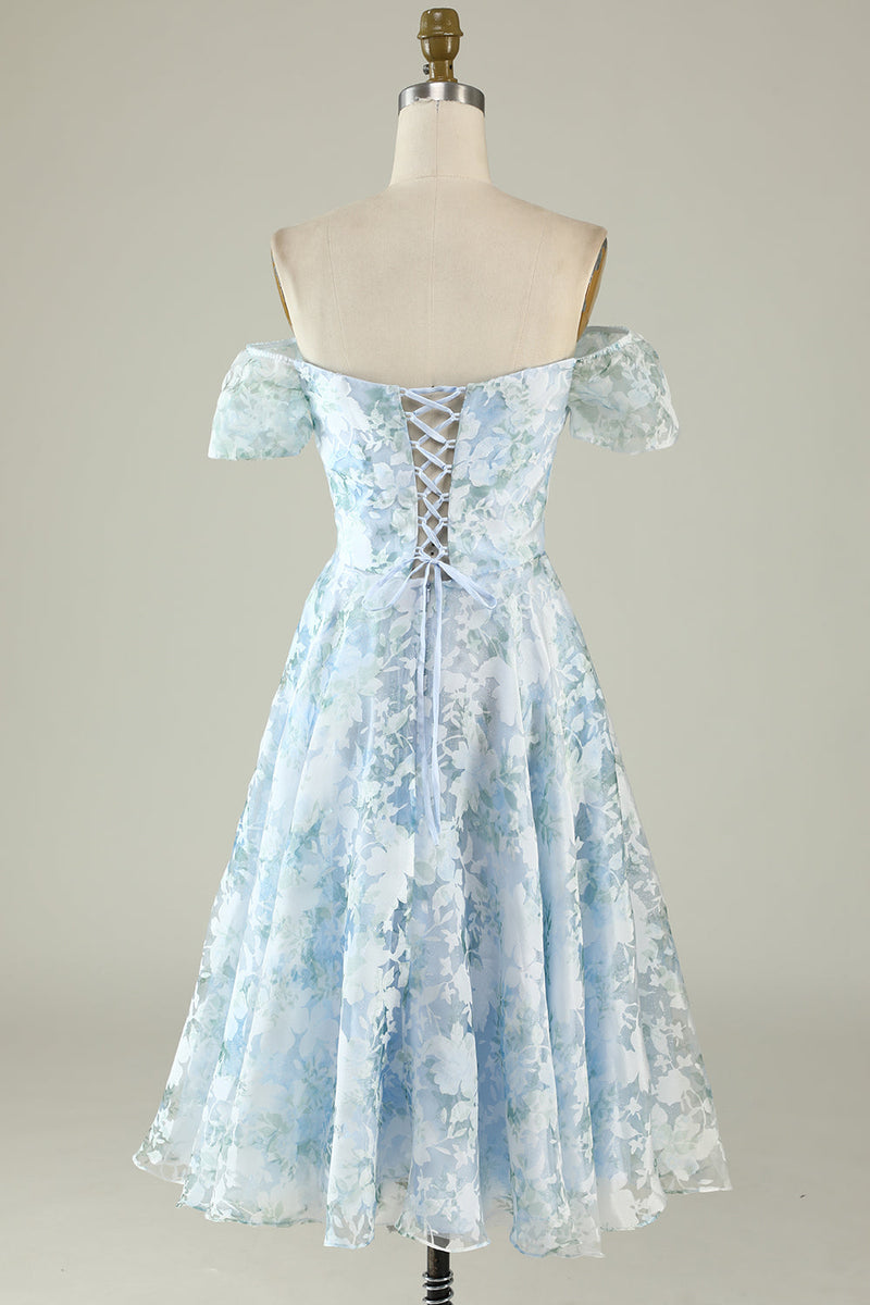 Załaduj obraz do przeglądarki galerii, Druk Niebieska Sukienki Na Impreze z Odkrytymi Ramionami