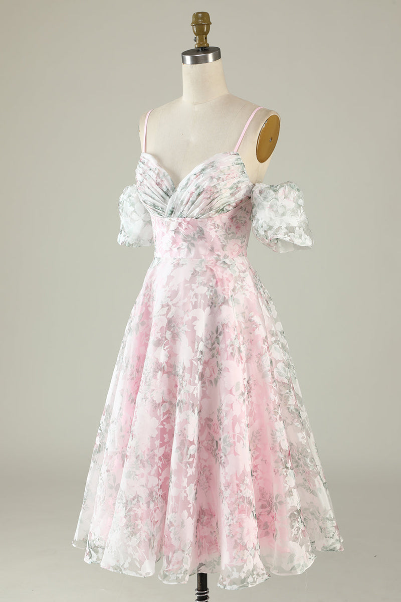 Załaduj obraz do przeglądarki galerii, Zimne Ramię Kwiatowy Nadruk Różowa Sukienki Koktajlowe