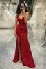 Załaduj obraz do przeglądarki galerii, Brokatowa Czerwona Syrenka Długa Lustrzana Sukienka Na Studniówkę Z Rozcięciem